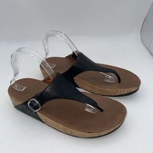 FitFlop Womens Black Thong Sandals Slip On Patent‎ Leather Cork  Womens Size 10